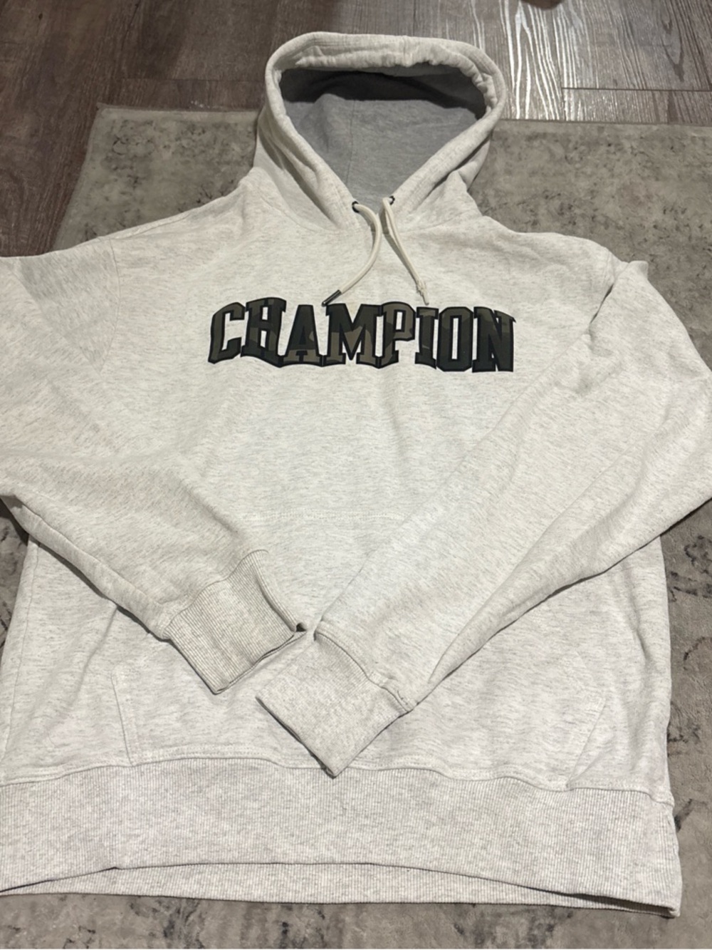 Champion Light Gray Hoodie with Black Logo